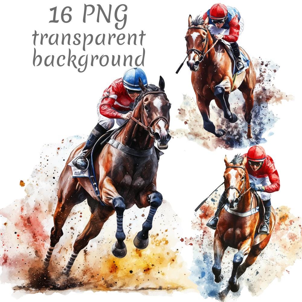 16 Horse racing watercolor Clipart PNG, Digital Download, junk journals, transparent background, high quality, scrapbooking, Card Making
