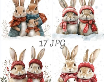 17 Christmas bunny family watercolor clipart JPG, Digital Download, Junk Journals, Paper Craft, Card Making, Clip Art, Scrapbooking