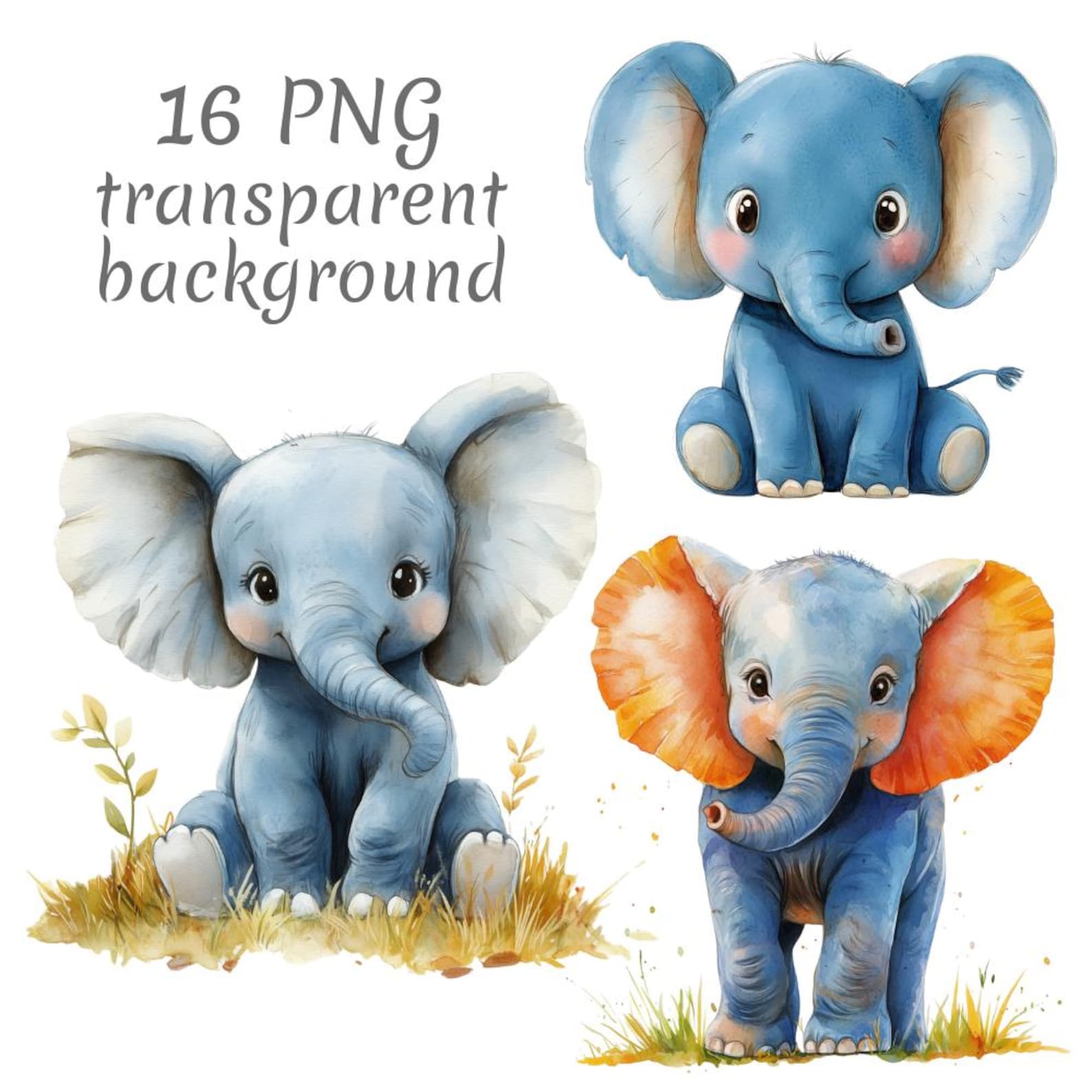 16 Baby Elephant Watercolor Clipart PNG. Digital Download, Junk ...