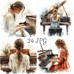 24 Mädchen spielen Klavier Clipart JPG, Digital Download, Junk Journals, Papiermodell, Aquarell, Kartenherstellung, Scrapbooking
