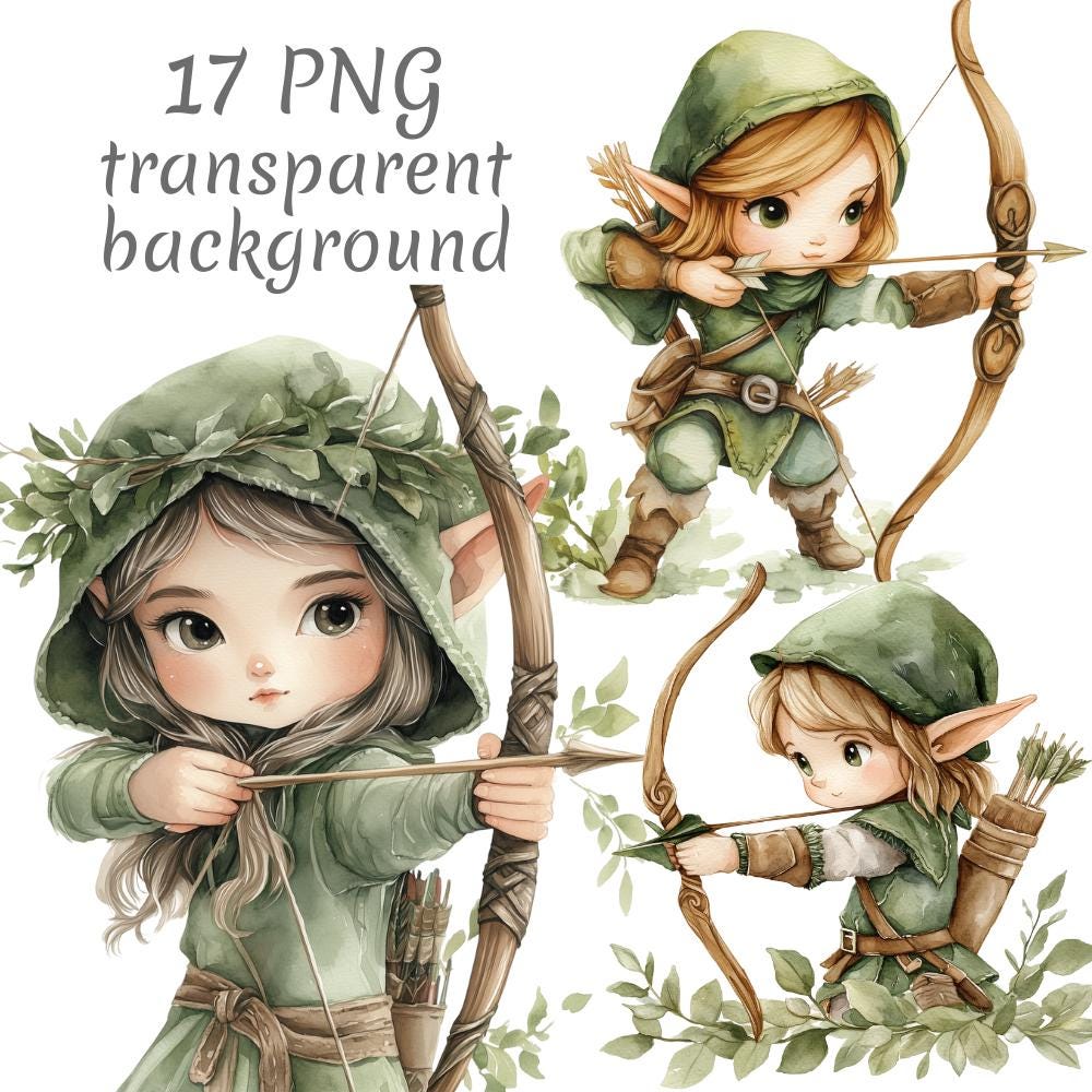 17 Cartoon Woodland Elf Archer clipart PNG, Digital Download, Junk Journals, Paper Craft, Watercolor, Card Making, Clip Art, scrapbooking