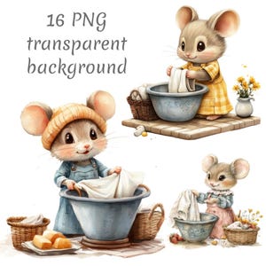16 Ratinho fofo lavando roupas clipart PNG, Download digital, Diários de lixo, Artesanato em papel, Aquarela, Criação de cartões, Clip Art, scrapbooking