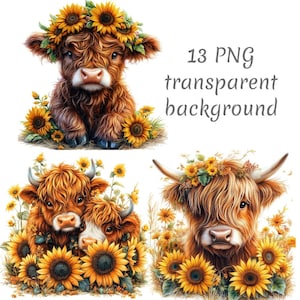 May include: Three Highland cattle with brown fur and long horns are surrounded by yellow sunflowers. The cattle are wearing sunflower crowns.
