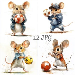 12 Mouse with ball clipart JPG, Sport Mouse clipart, Digital Download, Junk Journals, Paper Craft, Watercolor, Card Making, Clip Art
