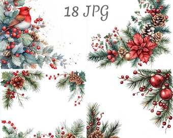 18 Christmas frame watercolor clipart JPG, Digital Download, Junk Journals, Paper Craft, Card Making, Clip Art, Scrapbooking