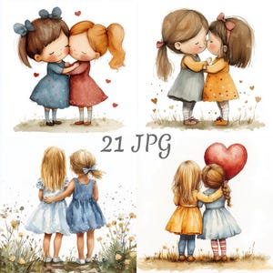 21 imágenes prediseñadas de amistad de chicas en acuarela (JPG), descarga digital, revistas basura, manualidades de papel, acuarela, creación de tarjetas, scrapbooking