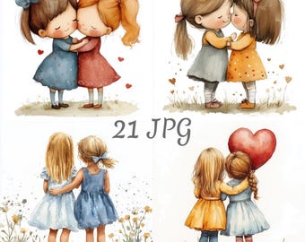 21 Mädchen Freundschaft Aquarell Clipart JPG, Digital Download, Junk Journals, Papierhandwerk, Aquarell, Kartenherstellung, Scrapbooking