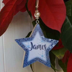 Personalised / Christmas hanging star decoration, Pine wood handcrafted tree hangers, Decoupage name star with bead detail image 3