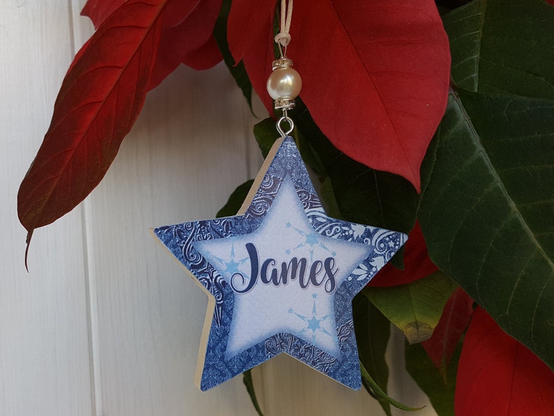 Personalised / Christmas hanging star decoration, Pine wood handcrafted tree hangers, Decoupage name star with bead detail image 3