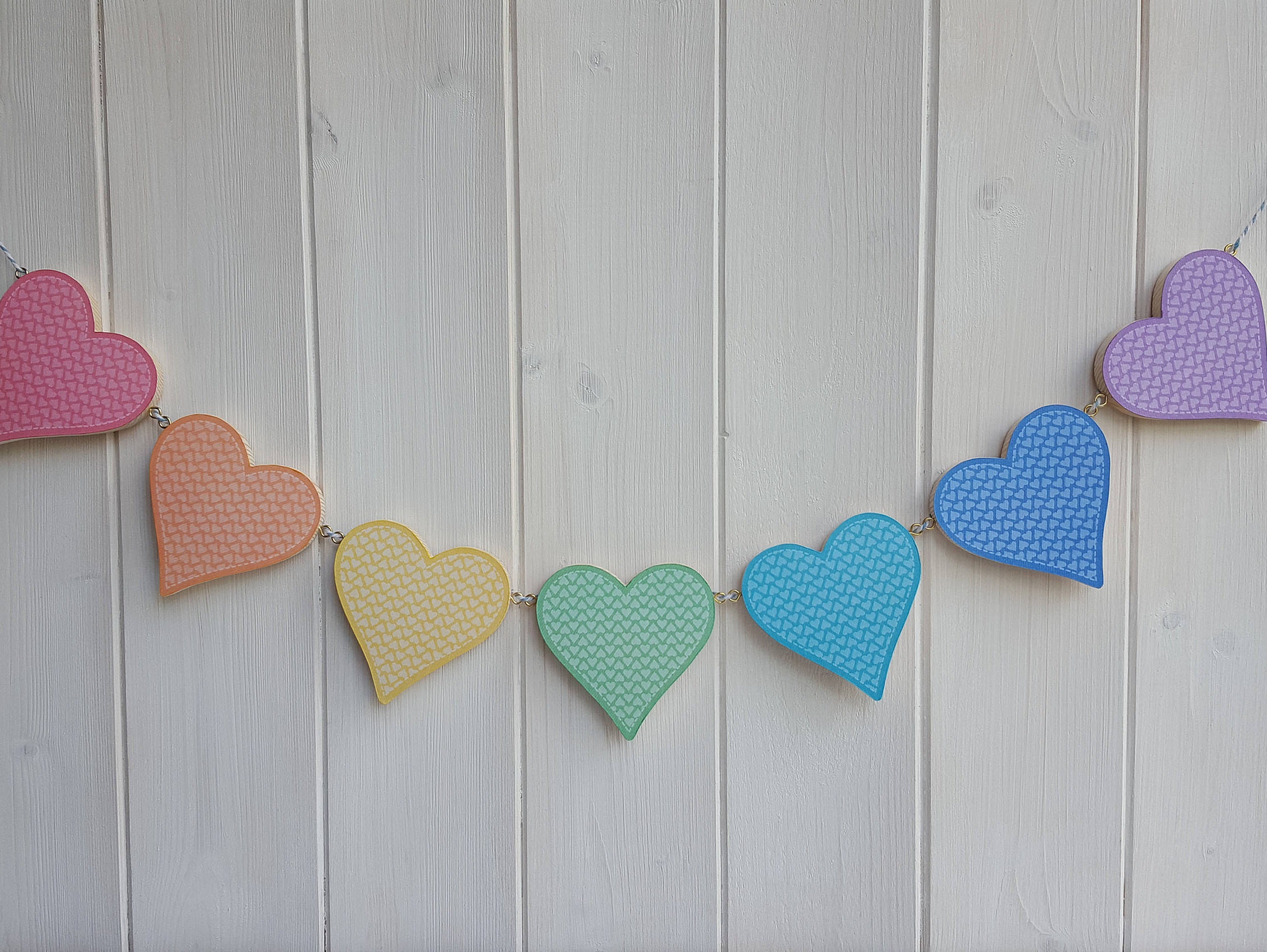 Rainbow heart bunting Wood decoupage hearts Wooden heart Etsy