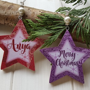 Personalised / Christmas hanging star decoration, Pine wood handcrafted tree hangers, Decoupage name star with bead detail image 1
