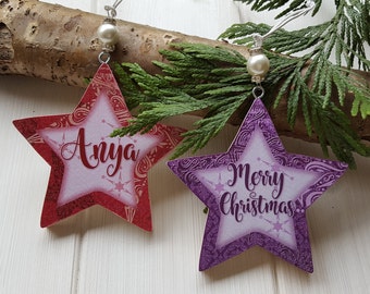 Personalised / Christmas hanging star decoration, Pine wood handcrafted tree hangers, Decoupage name star with bead detail