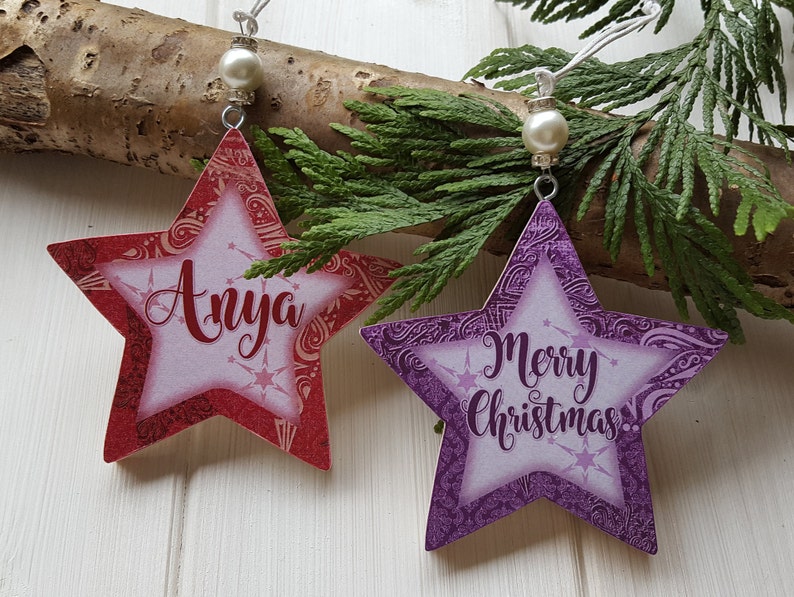 Personalised / Christmas hanging star decoration, Pine wood handcrafted tree hangers, Decoupage name star with bead detail image 1