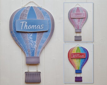 Hot air balloon name plaque, Personalised pink, blue, rainbow, birch plywood bedroom name plate, Boys Girls wall or door hanger