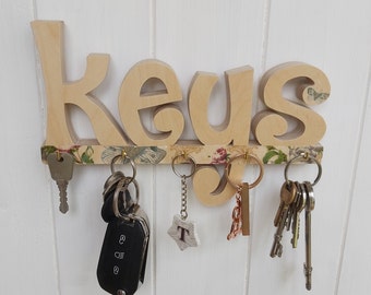 Wooden "Keys" handcrafted key hanger, birch ply decoupage key rack, entryway key holder, "keys" wooden wall hooks