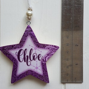 Personalised / Christmas hanging star decoration, Pine wood handcrafted tree hangers, Decoupage name star with bead detail image 5