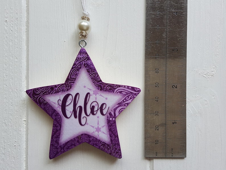 Personalised / Christmas hanging star decoration, Pine wood handcrafted tree hangers, Decoupage name star with bead detail image 5