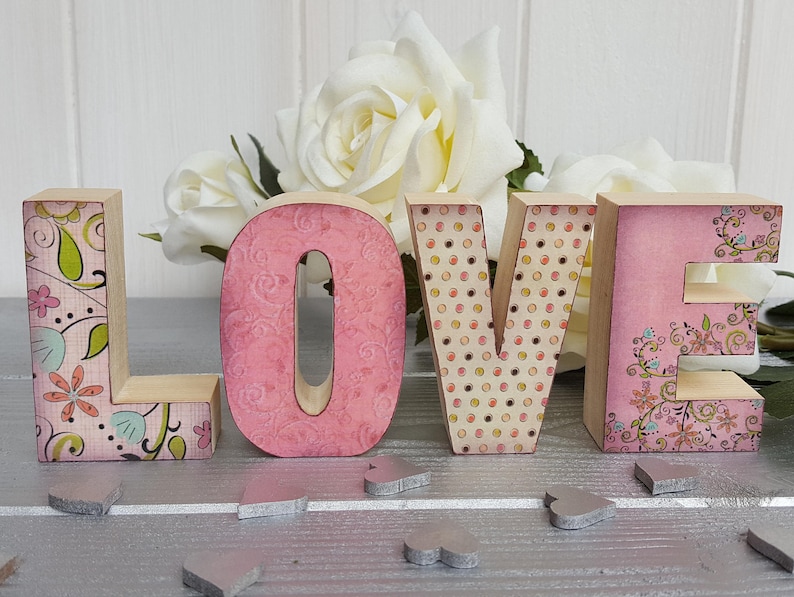 Small wood decoupage letters, Standing wood block LOVE sign, Handcrafted pine letters with pearl embellishments