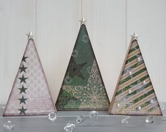 Wooden decoupage Christmas green tree trio, Three festive wood trees with pearl embellishments, Freestanding pine tree decorations