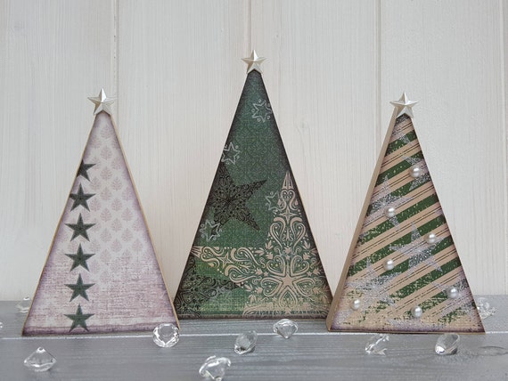 Wooden decoupage Christmas green tree trio, Three festive wood trees with pearl embellishments, Freestanding pine tree decorations