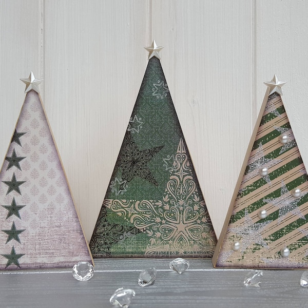 Wooden decoupage Christmas green tree trio, Three festive wood trees with pearl embellishments, Freestanding pine tree decorations