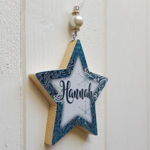 Personalised / Christmas hanging star decoration, Pine wood handcrafted tree hangers, Decoupage name star with bead detail image 2