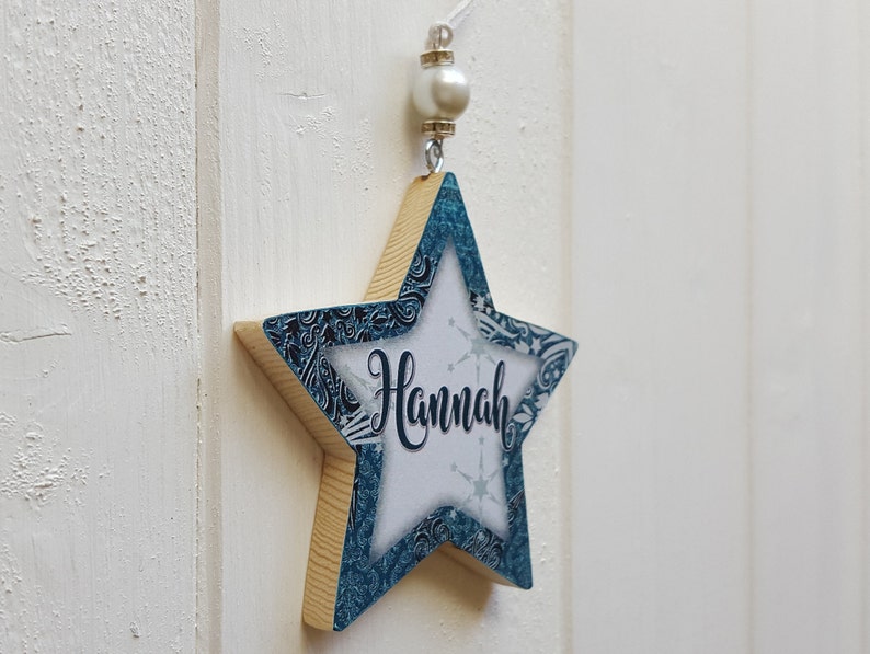 Personalised / Christmas hanging star decoration, Pine wood handcrafted tree hangers, Decoupage name star with bead detail image 2