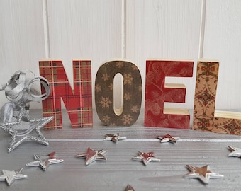 Freestanding wood block NOEL sign, Handcrafted wooden decoupage letters, Christmas letter art