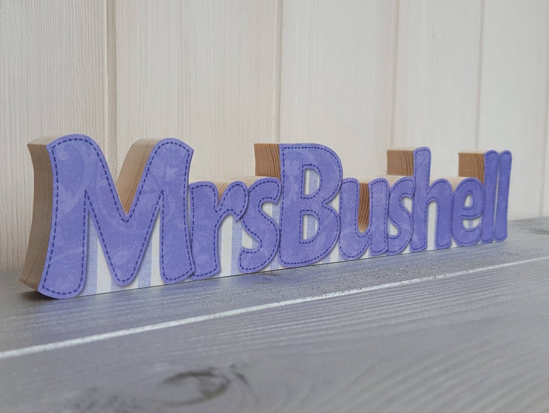 Mrs. Bushell Personalised Teacher Name Plate, Small Freestanding Wood Decoupage Desk ...