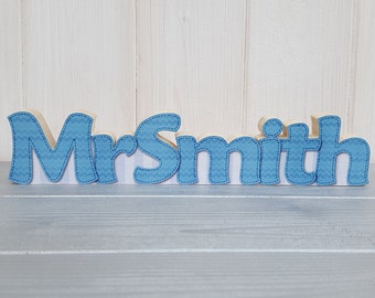 Personalised teacher name plate, Small freestanding wood decoupage desk name decoration, Handcrafted wooden teacher plaque gift