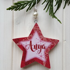 Personalised / Christmas hanging star decoration, Pine wood handcrafted tree hangers, Decoupage name star with bead detail image 7