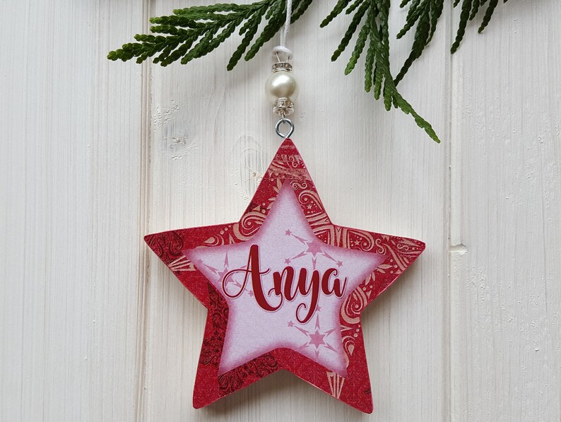 Personalised / Christmas hanging star decoration, Pine wood handcrafted tree hangers, Decoupage name star with bead detail image 7