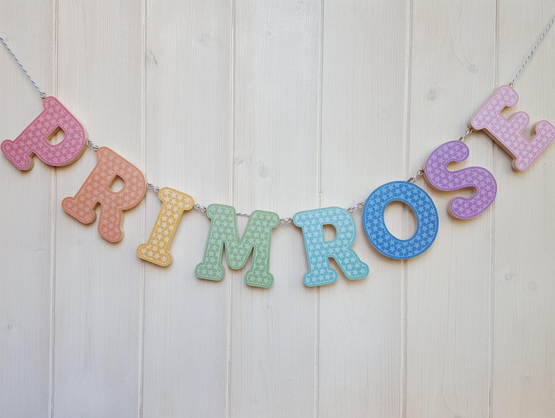 Rainbow name bunting, Wood decoupage letters, Wooden name garland, Cute rainbow name banner