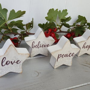 Small 2 inch painted wooden star, love, joy, peace, hope, believe, grace, faith, trust, Birch plywood painted star decorations image 3