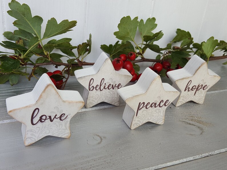 Small 2 inch painted wooden star, love, joy, peace, hope, believe, grace, faith, trust, Birch plywood painted star decorations image 3