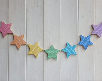 Rainbow star bunting, Wood decoupage stars, Wooden star garland, Cute coloured stars