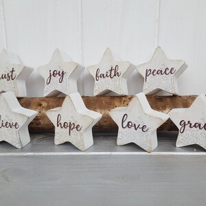 Small 2 inch painted wooden star, love, joy, peace, hope, believe, grace, faith, trust, Birch plywood painted star decorations image 7