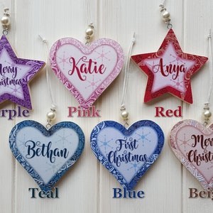 Personalised / Christmas hanging star decoration, Pine wood handcrafted tree hangers, Decoupage name star with bead detail image 10