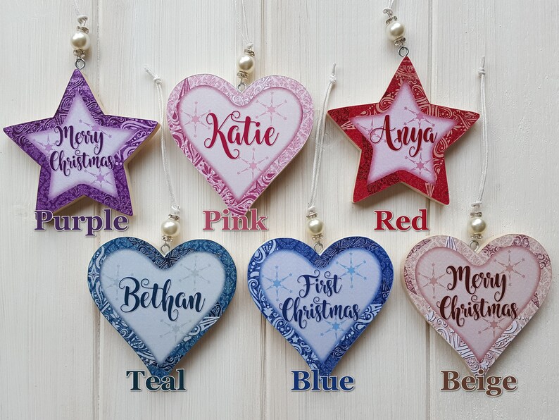 Personalised / Christmas hanging star decoration, Pine wood handcrafted tree hangers, Decoupage name star with bead detail image 10
