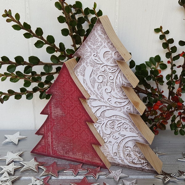 Wooden Christmas trees decoration, Freestanding interlinked decoupage pine trees