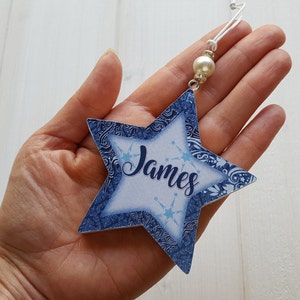 Personalised / Christmas hanging star decoration, Pine wood handcrafted tree hangers, Decoupage name star with bead detail image 6
