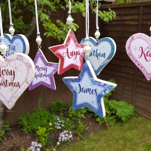 Personalised / Christmas hanging star decoration, Pine wood handcrafted tree hangers, Decoupage name star with bead detail image 4