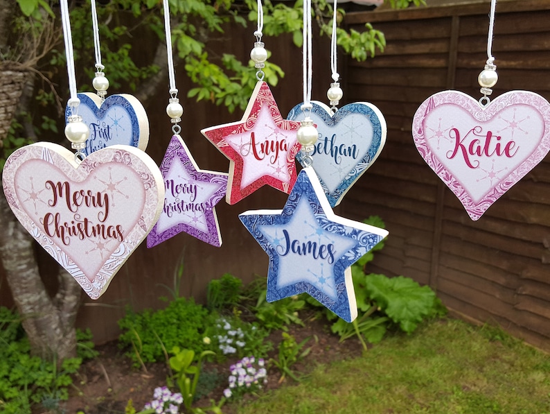 Personalised / Christmas hanging star decoration, Pine wood handcrafted tree hangers, Decoupage name star with bead detail image 4