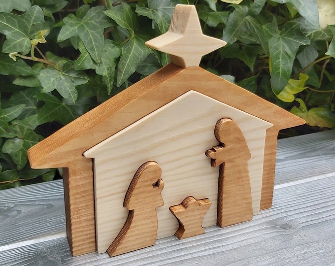 Wooden Nativity Scene, Freestanding Handcrafted Pine Nativity Set