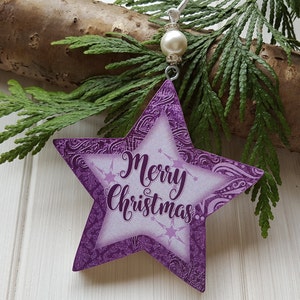 Personalised / Christmas hanging star decoration, Pine wood handcrafted tree hangers, Decoupage name star with bead detail image 8