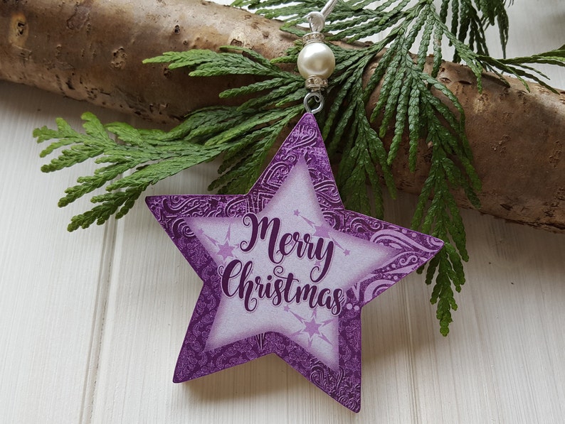 Personalised / Christmas hanging star decoration, Pine wood handcrafted tree hangers, Decoupage name star with bead detail image 8