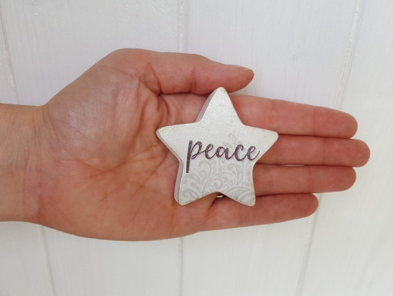 Small 2 inch painted wooden star, love, joy, peace, hope, believe, grace, faith, trust, Birch plywood painted star decorations image 8