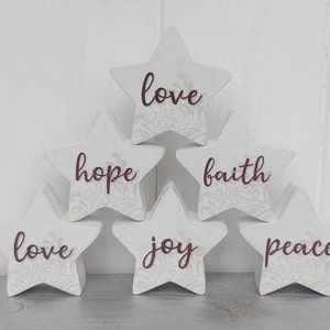 Small 2 inch painted wooden star, love, joy, peace, hope, believe, grace, faith, trust, Birch plywood painted star decorations image 2