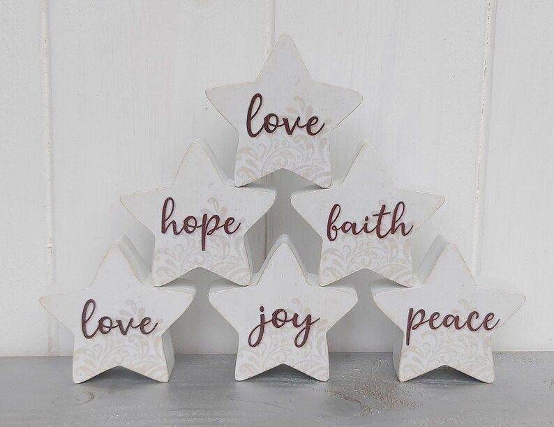 Small 2 inch painted wooden star, love, joy, peace, hope, believe, grace, faith, trust, Birch plywood painted star decorations image 2