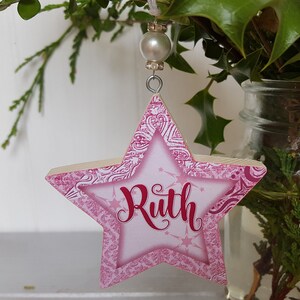 Personalised / Christmas hanging star decoration, Pine wood handcrafted tree hangers, Decoupage name star with bead detail image 9